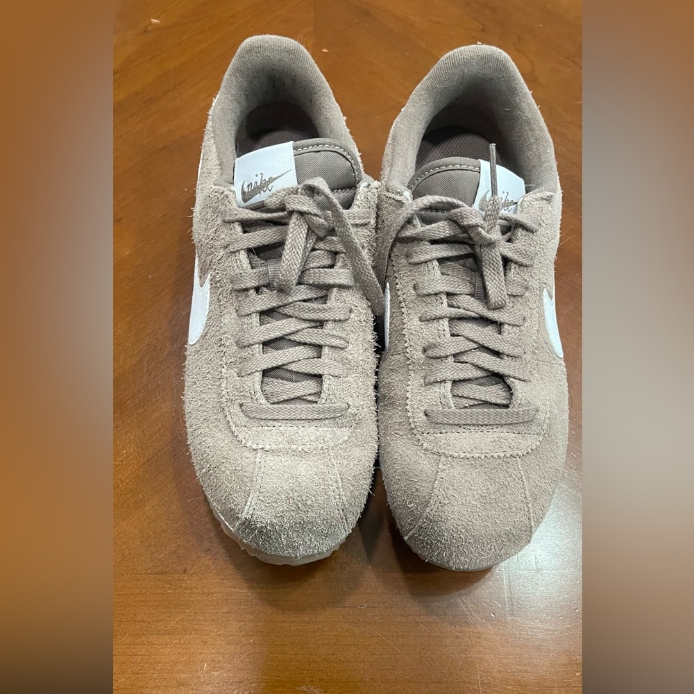 Nike Women’s Suede Sneakers in Taupe with White Swoosh